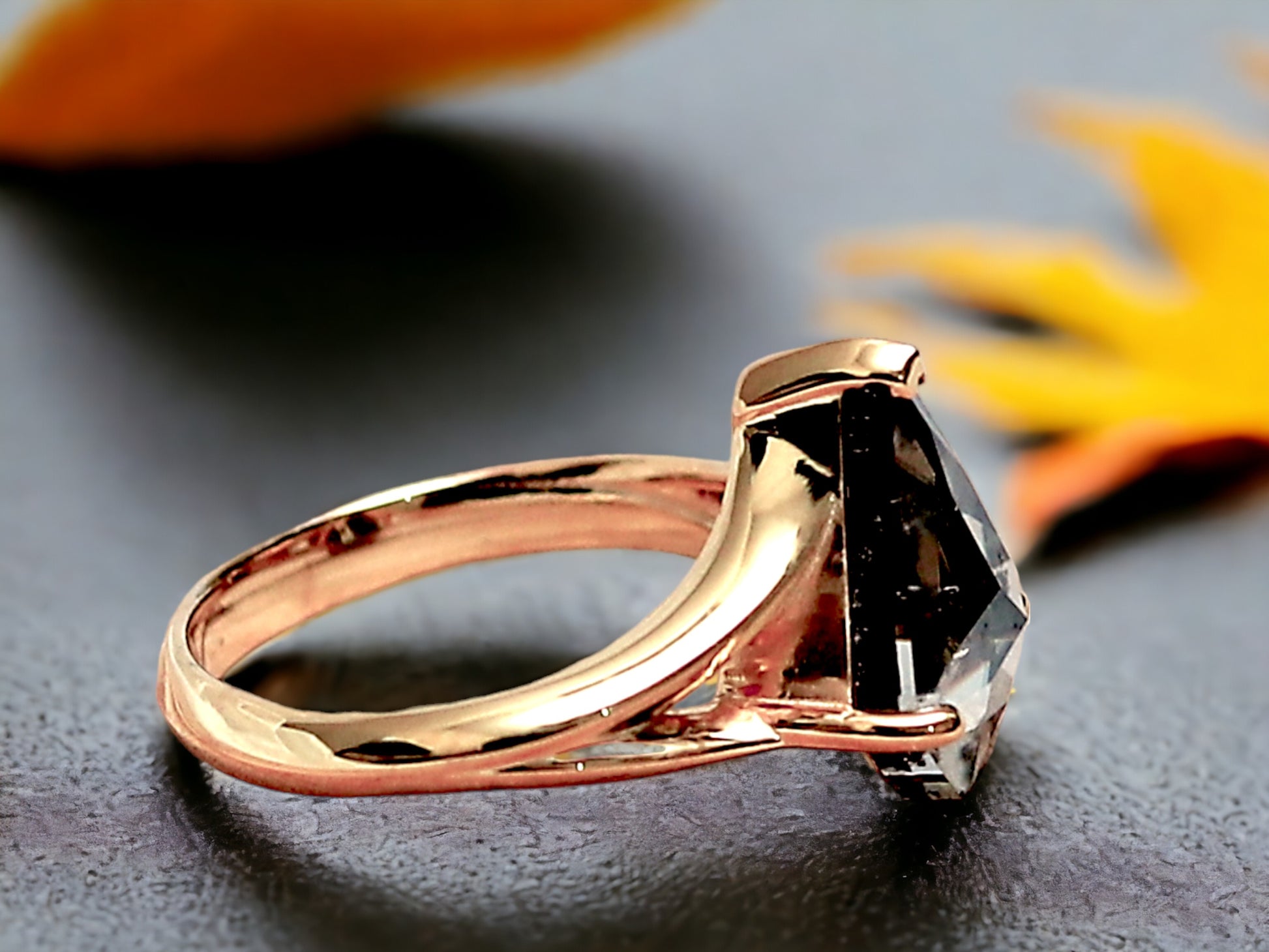 Kite Cut Salt and Pepper Diamond Ring featuring a 2.98 CT natural salt and pepper kite cut diamond with smoky galaxy-like inclusions in a minimalist bezel setting with a split shank design and 2.35 mm band, created as a modern geometric engagement ring.