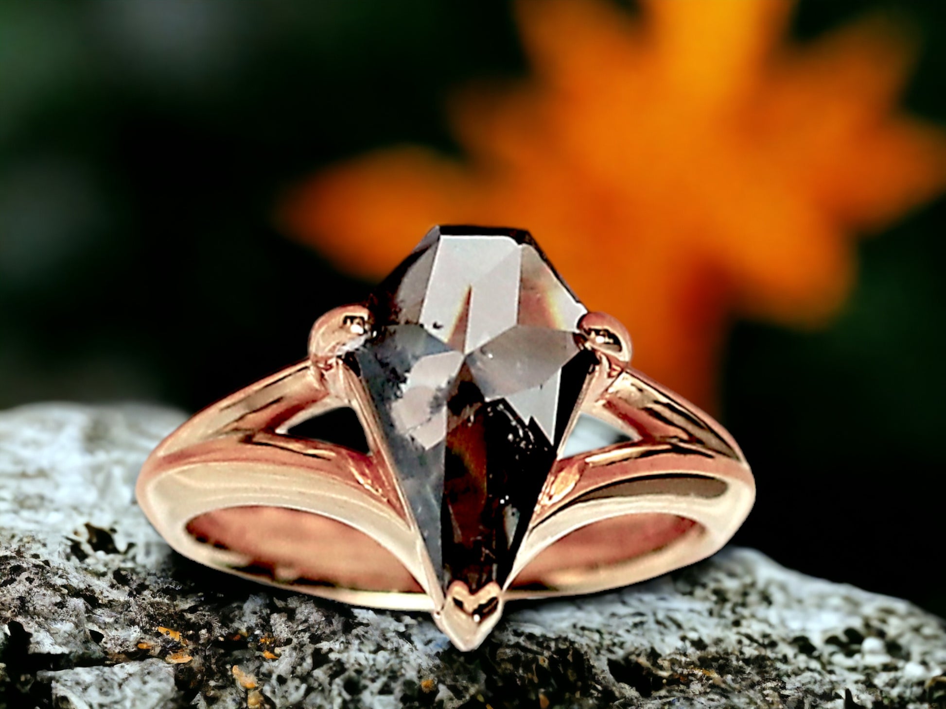 Kite Cut Salt and Pepper Diamond Ring featuring a 2.98 CT natural salt and pepper kite cut diamond with smoky galaxy-like inclusions in a minimalist bezel setting with a split shank design and 2.35 mm band, created as a modern geometric engagement ring.