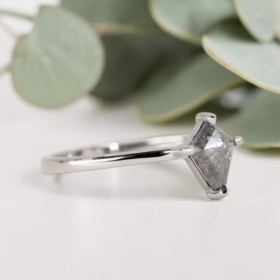 Kite Cut Salt and Pepper Diamond Ring featuring a 0.85 CT natural salt and pepper diamond with unique inclusions on a slim straight band in a handmade minimalist alternative bridal design.