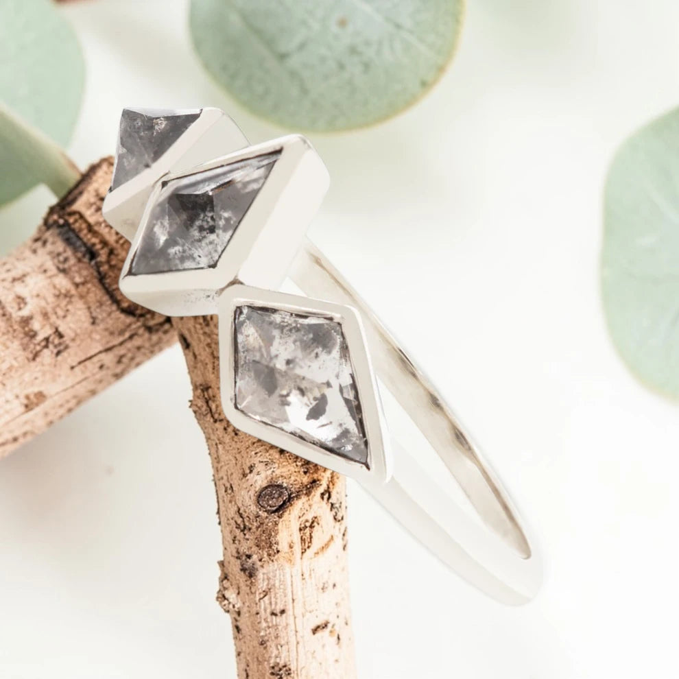 Kite Cut Salt and Pepper Diamond Ring featuring a 1.30 CT natural diamond with organic inclusions in a bezel set handmade artisan design with knife-edge 1.80 mm band and modern minimalist aesthetic.