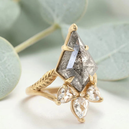 Kite Rose Cut Salt and Pepper Diamond Ring featuring a 5.75 CT natural salt and pepper diamond with galaxy-like inclusions, accented by pear rose cut side diamonds in a handmade split shank nature inspired engagement ring design.
