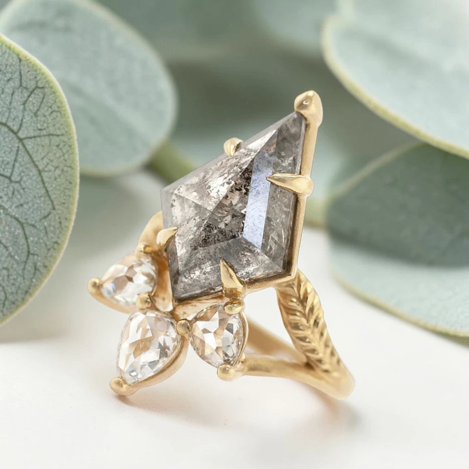 Kite Rose Cut Salt and Pepper Diamond Ring featuring a 5.75 CT natural salt and pepper diamond with galaxy-like inclusions, accented by pear rose cut side diamonds in a handmade split shank nature inspired engagement ring design.
