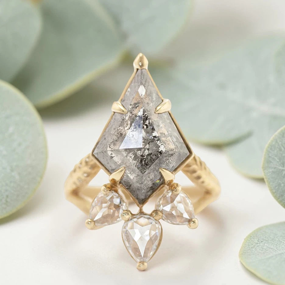Kite Rose Cut Salt and Pepper Diamond Ring featuring a 5.75 CT natural salt and pepper diamond with galaxy-like inclusions, accented by pear rose cut side diamonds in a handmade split shank nature inspired engagement ring design.