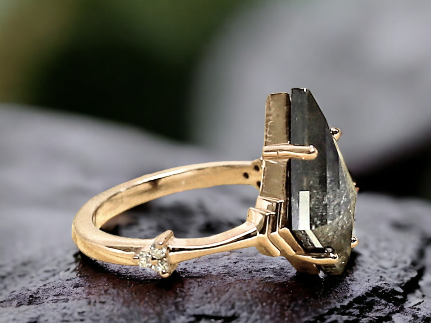 Kite Salt and Pepper Diamond Engagement Ring featuring a 2.50 CT natural grey kite cut diamond with organic inclusions, accented by round diamond side stones in a minimal geometric design with a reverse tapered 1.90 mm band, created as an alternative engagement ring.