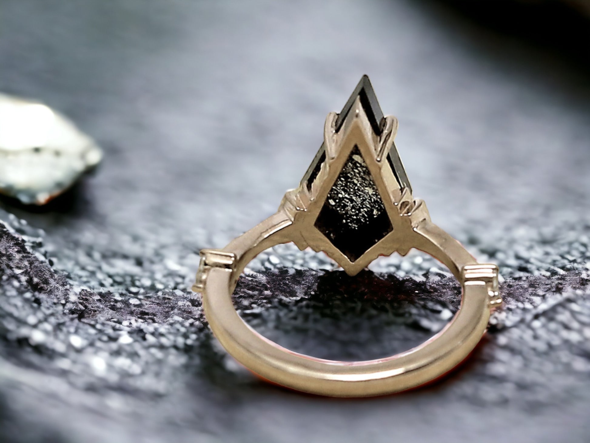 Kite Salt and Pepper Diamond Engagement Ring featuring a 2.50 CT natural grey kite cut diamond with organic inclusions, accented by round diamond side stones in a minimal geometric design with a reverse tapered 1.90 mm band, created as an alternative engagement ring.