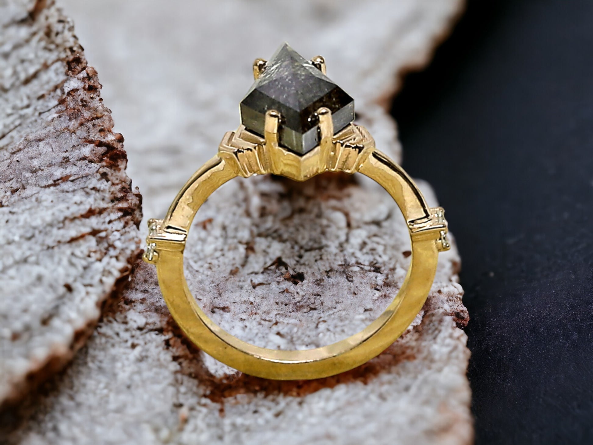Kite Salt and Pepper Diamond Engagement Ring featuring a 2.50 CT natural grey kite cut diamond with organic inclusions, accented by round diamond side stones in a minimal geometric design with a reverse tapered 1.90 mm band, created as an alternative engagement ring.