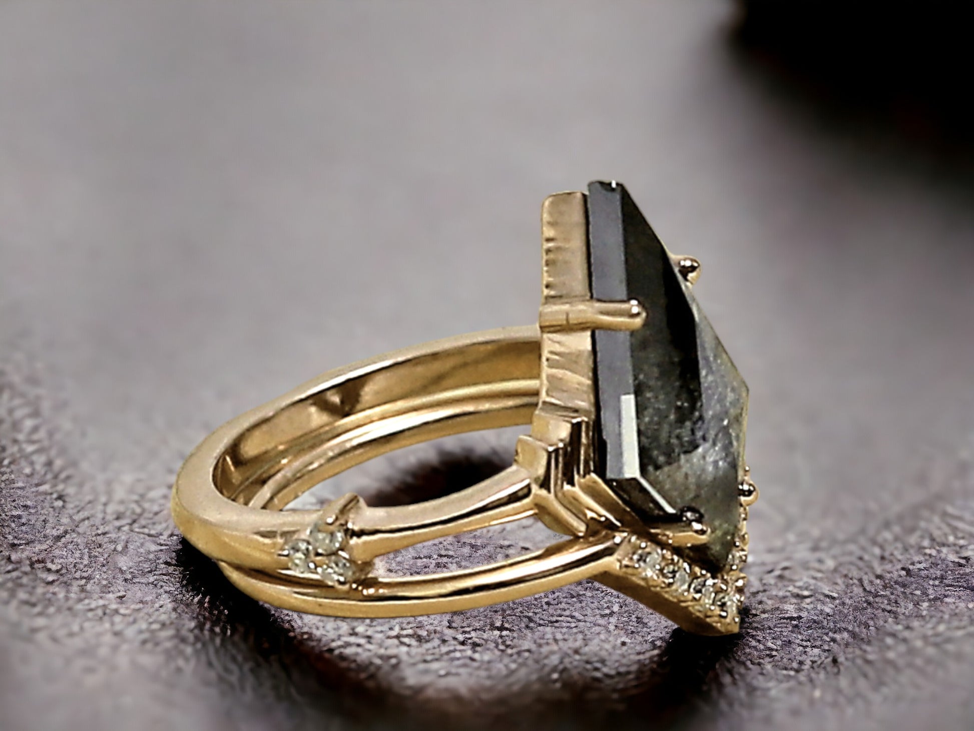 Kite Salt and Pepper Diamond Engagement Ring featuring a 2.50 CT natural grey kite cut diamond with organic inclusions, accented by round diamond side stones in a minimal geometric design with a reverse tapered 1.90 mm band, created as an alternative engagement ring.
