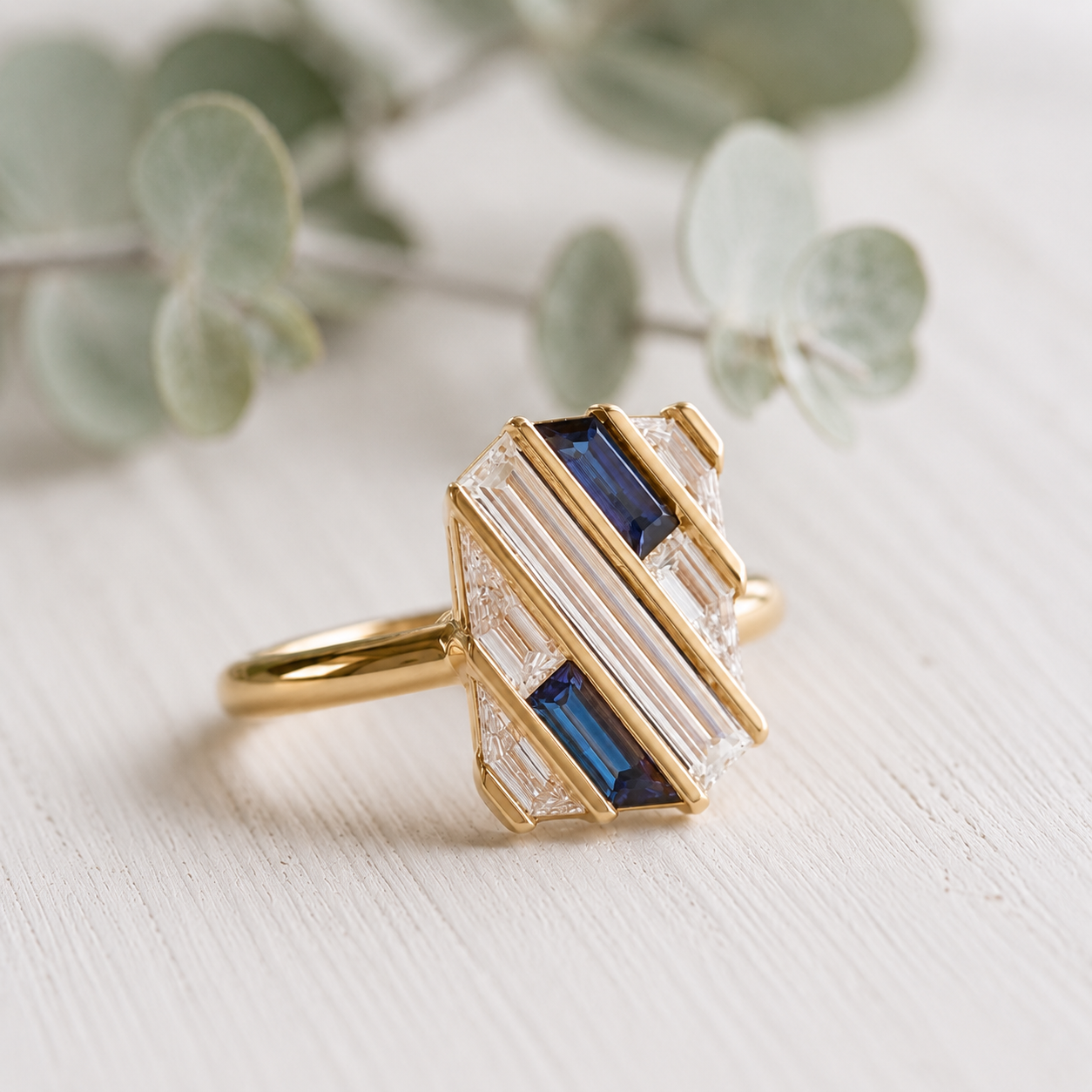 Lab Grown Sapphire Diamond Engagement Ring featuring rectangular step cut lab grown diamonds totaling 0.50 CT accented by sapphire stones in a contemporary geometric gold setting with a slim 1.6 mm band, designed as a modern minimalist engagement ring.