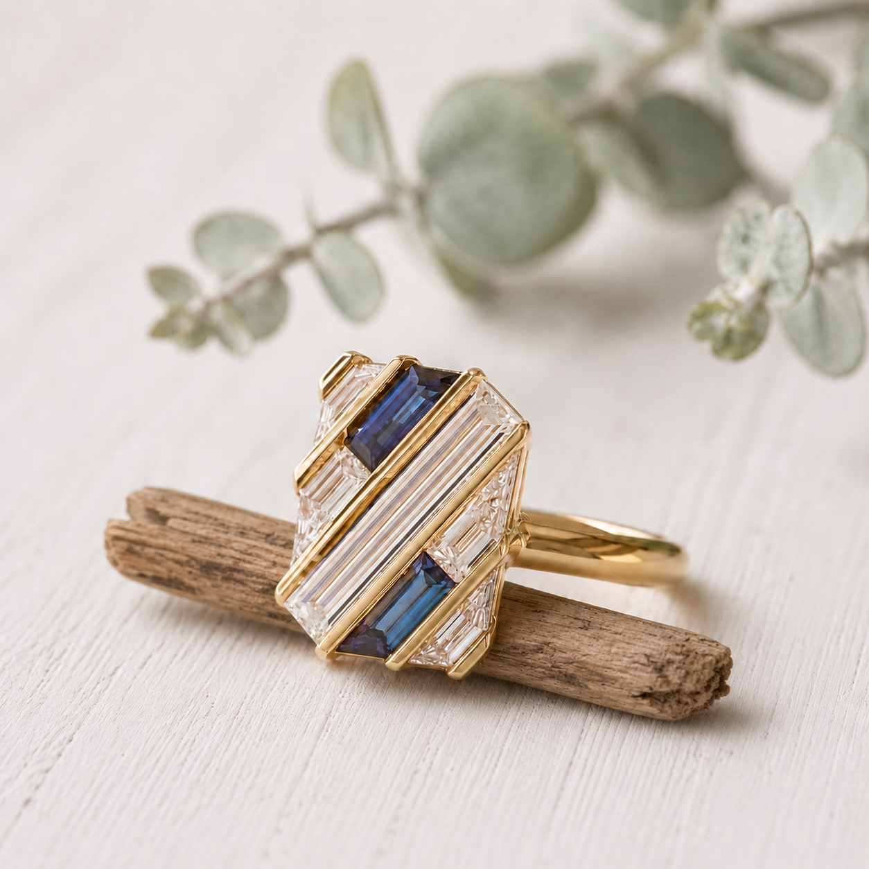 Lab Grown Sapphire Diamond Engagement Ring featuring rectangular step cut lab grown diamonds totaling 0.50 CT accented by sapphire stones in a contemporary geometric gold setting with a slim 1.6 mm band, designed as a modern minimalist engagement ring.
