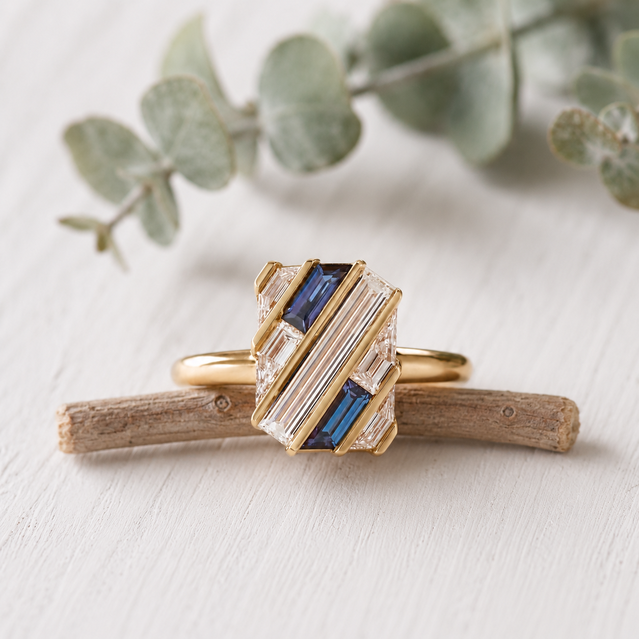 Lab Grown Sapphire Diamond Engagement Ring featuring rectangular step cut lab grown diamonds totaling 0.50 CT accented by sapphire stones in a contemporary geometric gold setting with a slim 1.6 mm band, designed as a modern minimalist engagement ring.