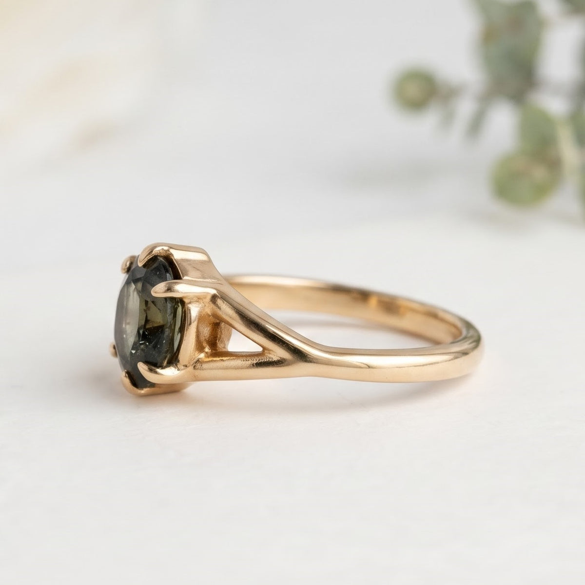 Dark Green Sapphire Ring Oval Cut Handmade