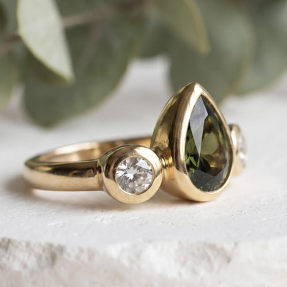 Pear Green Sapphire Bezel Set Gold Bridal Ring