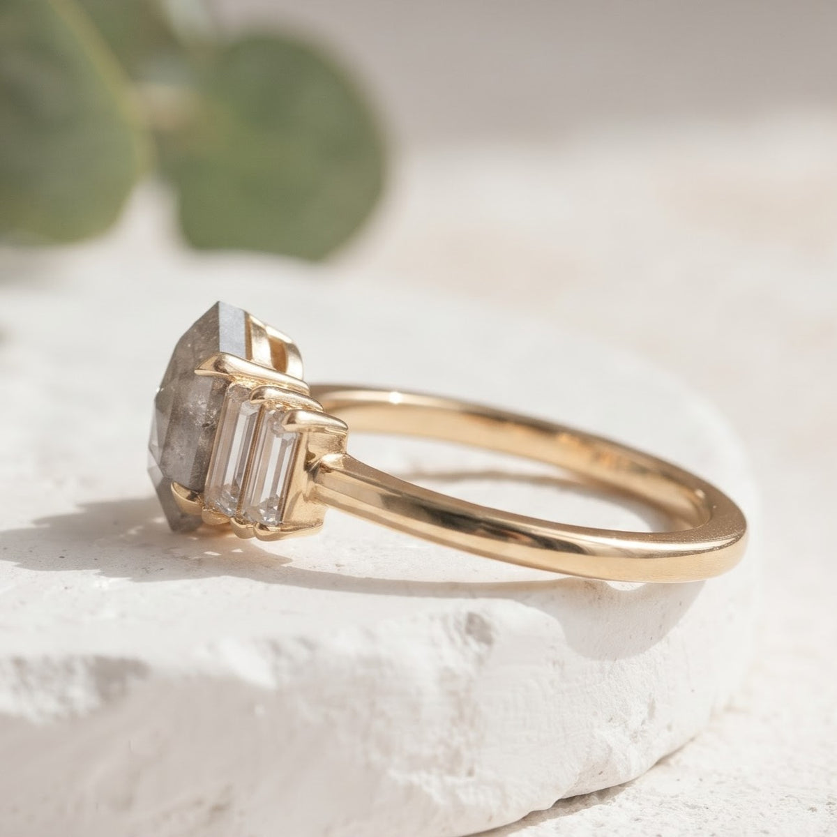 1.35 CT Hexagon Salt and Pepper Diamond Ring with Baguette Accents