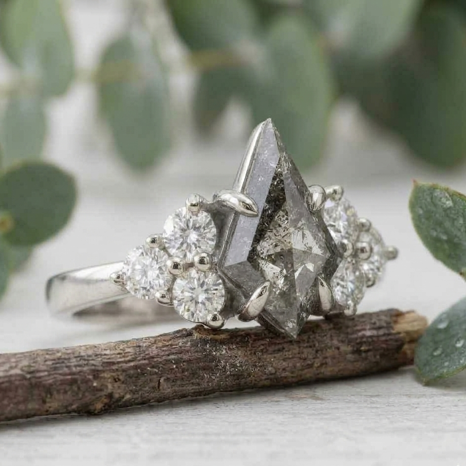 Natural Salt and Pepper Diamond Ring featuring a 1.68 CT round rose cut center stone with organic inclusions, accented by lab-grown round diamonds in a four-stone symmetrical arrangement with a straight shank and 1.80 mm band, designed as a vintage-inspired engagement ring.