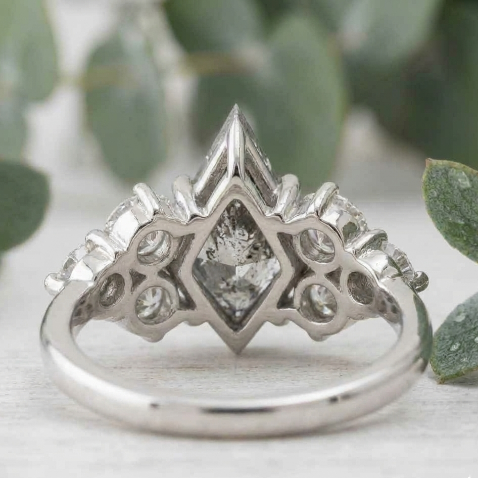 Natural Salt and Pepper Diamond Ring featuring a 1.68 CT round rose cut center stone with organic inclusions, accented by lab-grown round diamonds in a four-stone symmetrical arrangement with a straight shank and 1.80 mm band, designed as a vintage-inspired engagement ring.