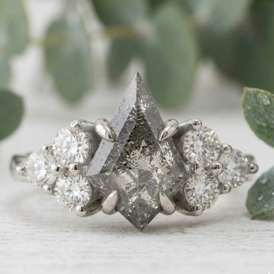 Natural Salt and Pepper Diamond Ring featuring a 1.68 CT round rose cut center stone with organic inclusions, accented by lab-grown round diamonds in a four-stone symmetrical arrangement with a straight shank and 1.80 mm band, designed as a vintage-inspired engagement ring.