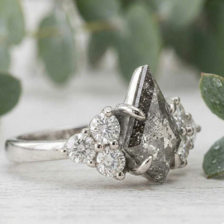 Natural Salt and Pepper Diamond Ring featuring a 1.68 CT round rose cut center stone with organic inclusions, accented by lab-grown round diamonds in a four-stone symmetrical arrangement with a straight shank and 1.80 mm band, designed as a vintage-inspired engagement ring.