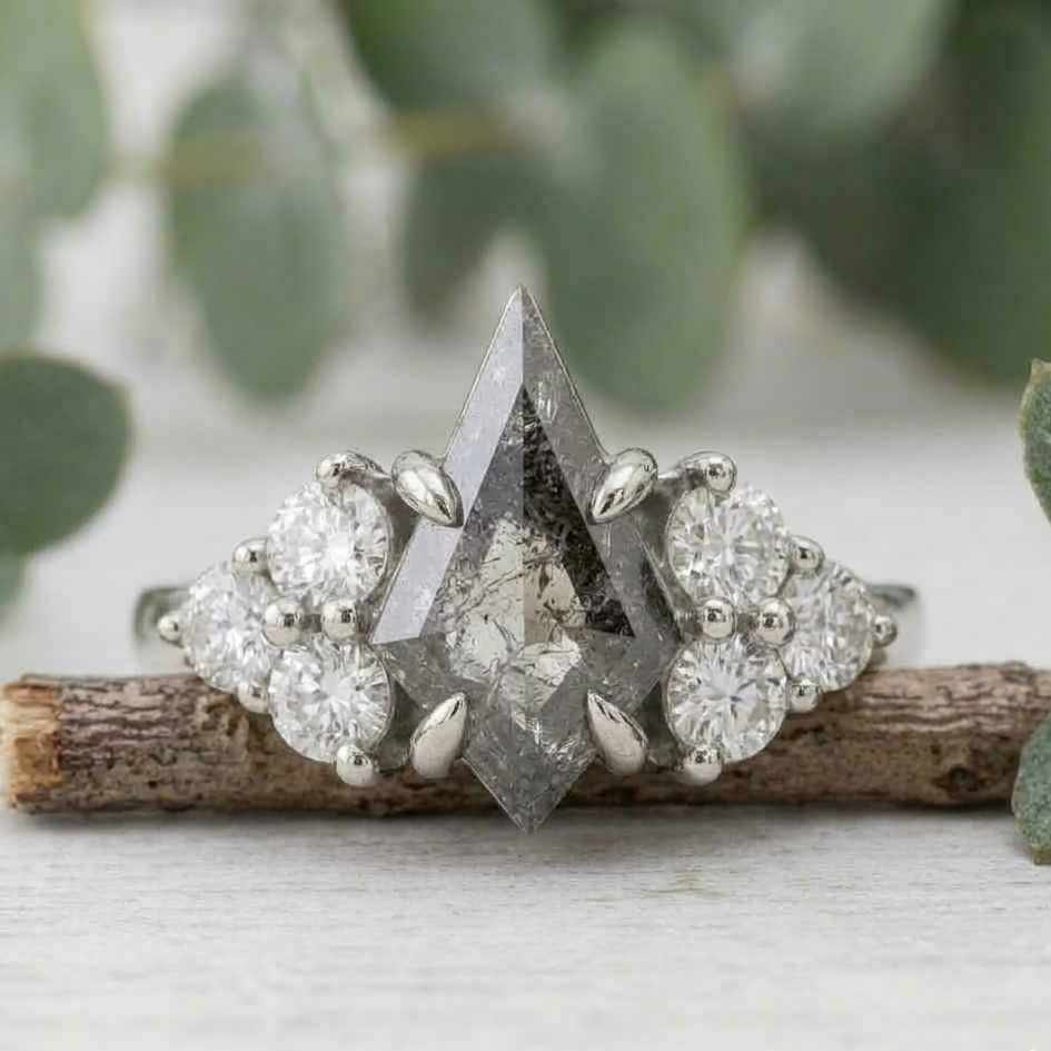 Natural Salt and Pepper Diamond Ring featuring a 1.68 CT round rose cut center stone with organic inclusions, accented by lab-grown round diamonds in a four-stone symmetrical arrangement with a straight shank and 1.80 mm band, designed as a vintage-inspired engagement ring.