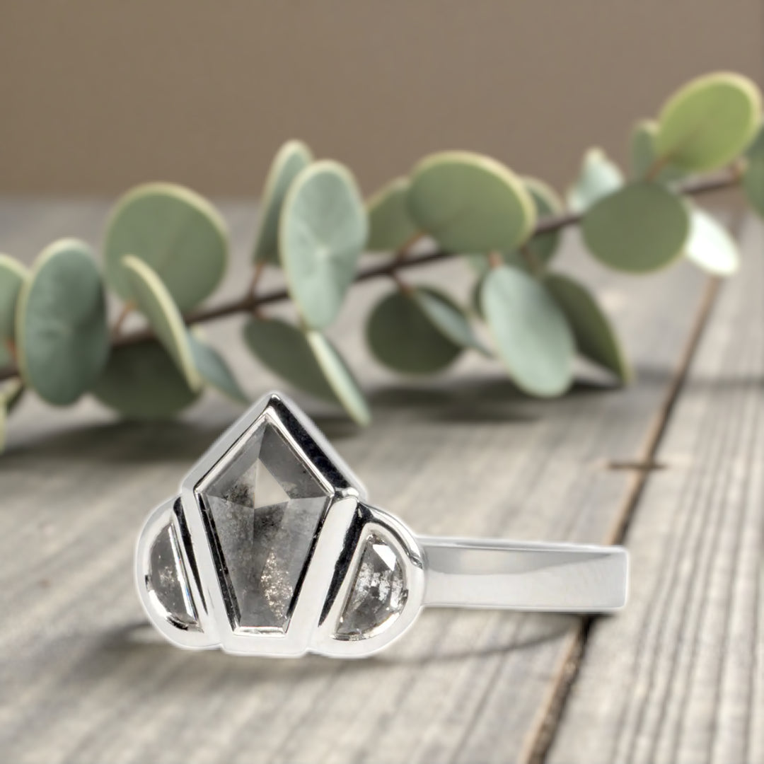 Obsidian Snow salt and pepper diamond ring featuring a natural organic diamond with black and white galaxy-like inclusions, handcrafted minimalist fine jewelry design showcasing raw natural beauty and elegant alternative engagement style.