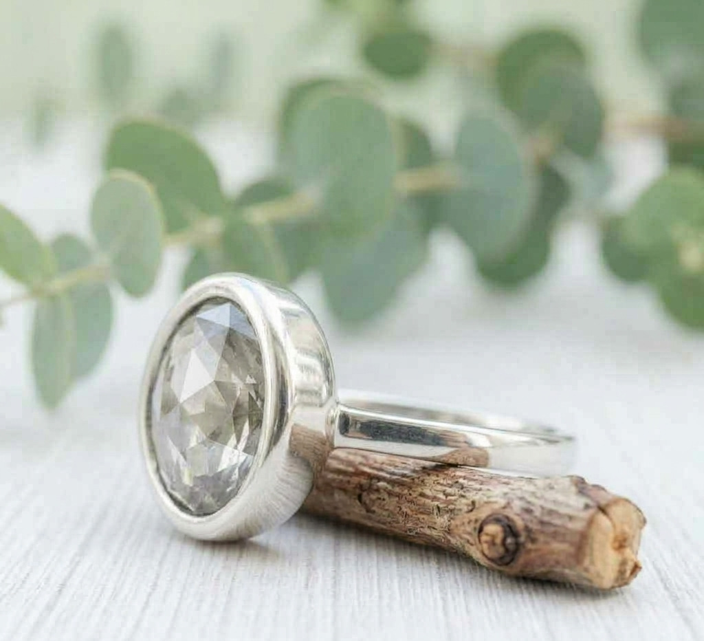 Old Round Cut Salt and Pepper Diamond Ring featuring a 2.94 CT natural salt and pepper diamond with organic black and white inclusions in a minimalist handcrafted engagement design with a straight 1.70 mm band and vintage-inspired character.