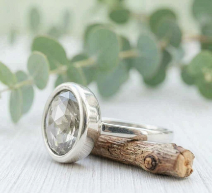 Old Round Cut Salt and Pepper Diamond Ring featuring a 2.94 CT natural salt and pepper diamond with organic black and white inclusions in a minimalist handcrafted engagement design with a straight 1.70 mm band and vintage-inspired character.