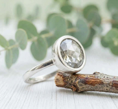 Old Round Cut Salt and Pepper Diamond Ring featuring a 2.94 CT natural salt and pepper diamond with organic black and white inclusions in a minimalist handcrafted engagement design with a straight 1.70 mm band and vintage-inspired character.