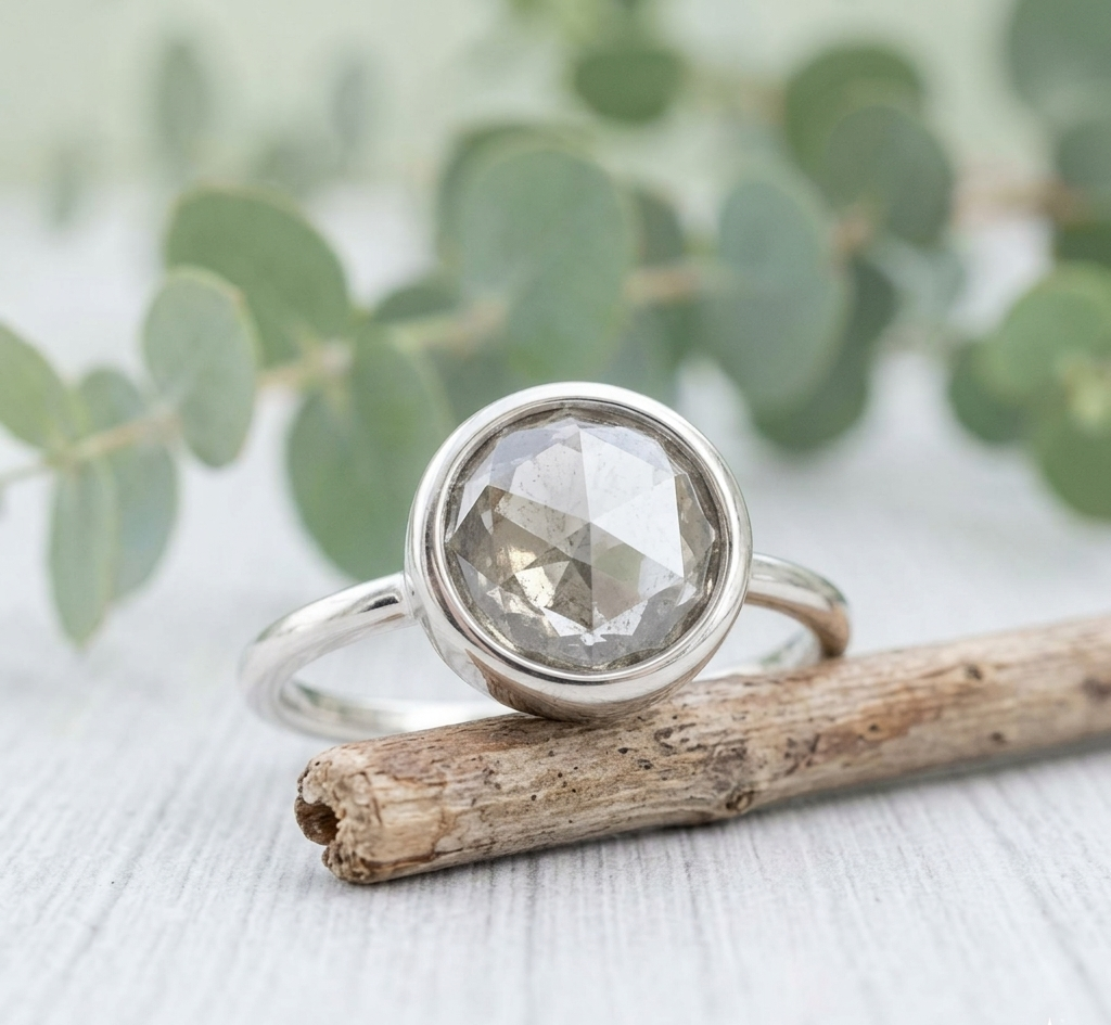Old Round Cut Salt and Pepper Diamond Ring featuring a 2.94 CT natural salt and pepper diamond with organic black and white inclusions in a minimalist handcrafted engagement design with a straight 1.70 mm band and vintage-inspired character.