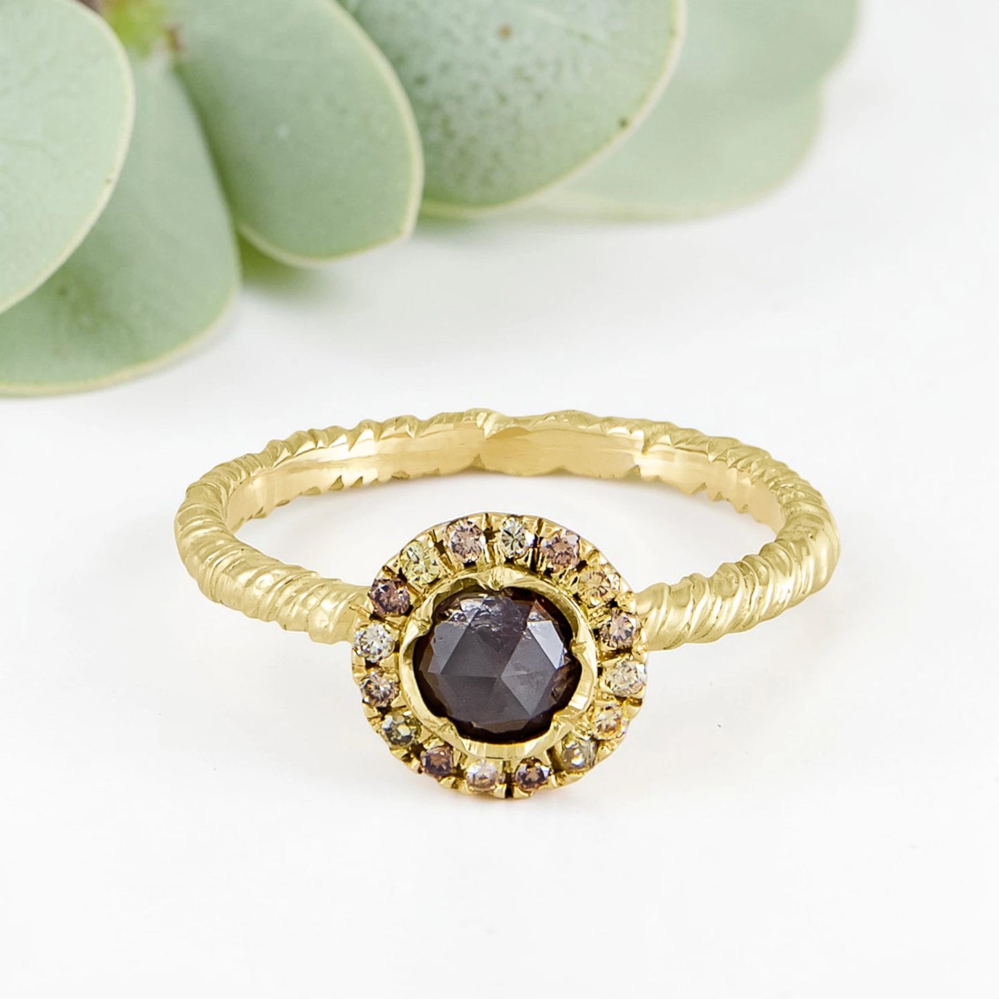 Organic Wide Band Salt and Pepper Diamond Ring featuring a 0.60 CT natural round center diamond with cognac champagne and black tones, surrounded by 27 salt and pepper diamonds in a handmade minimalist wide band design with organic aesthetic.