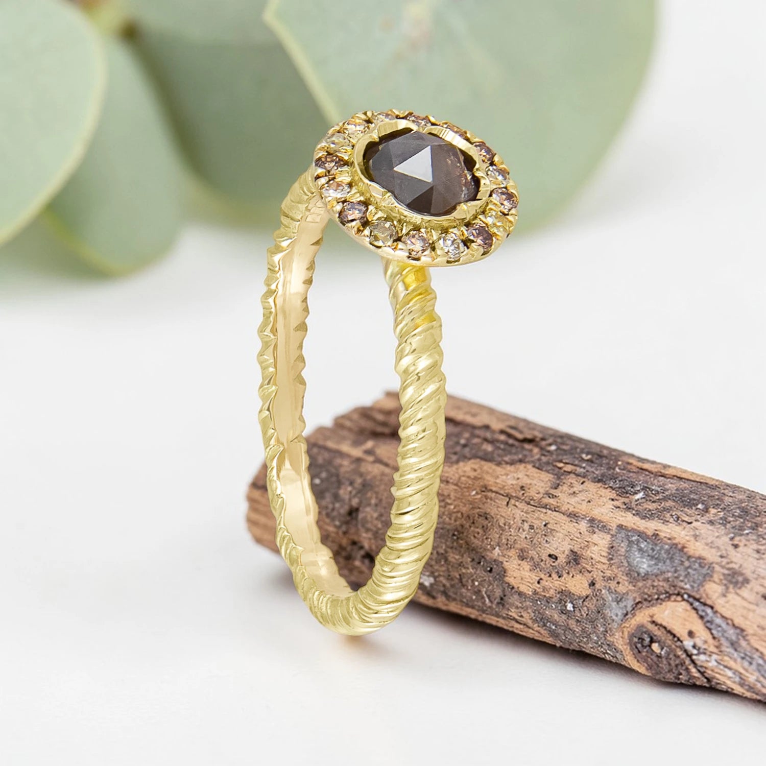 Organic Wide Band Salt and Pepper Diamond Ring featuring a 0.60 CT natural round center diamond with cognac champagne and black tones, surrounded by 27 salt and pepper diamonds in a handmade minimalist wide band design with organic aesthetic.