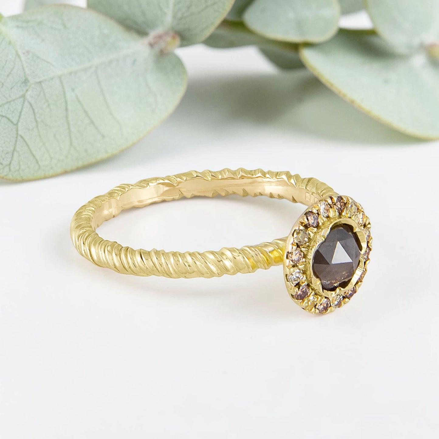 Organic Wide Band Salt and Pepper Diamond Ring featuring a 0.60 CT natural round center diamond with cognac champagne and black tones, surrounded by 27 salt and pepper diamonds in a handmade minimalist wide band design with organic aesthetic.