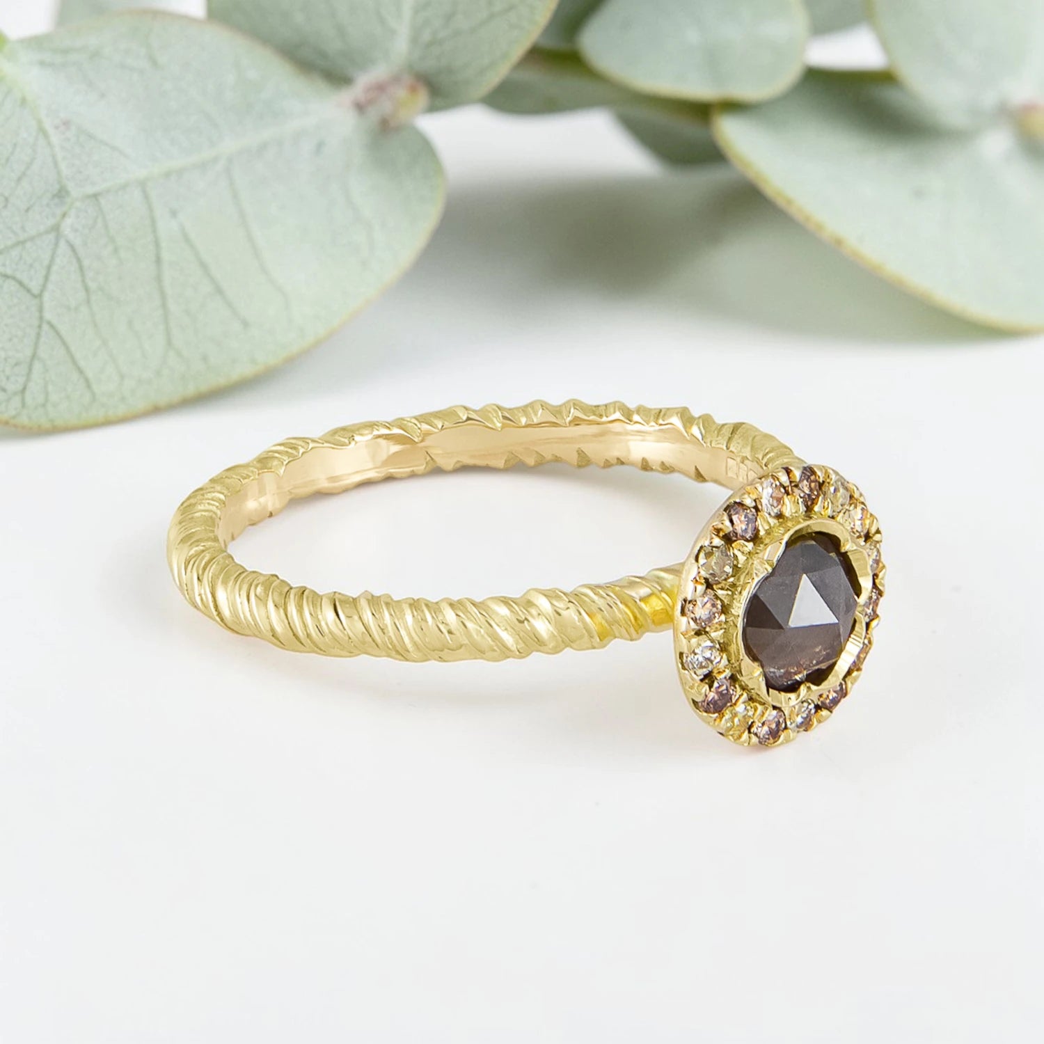 Organic Wide Band Salt and Pepper Diamond Ring featuring a 0.60 CT natural round center diamond with cognac champagne and black tones, surrounded by 27 salt and pepper diamonds in a handmade minimalist wide band design with organic aesthetic.