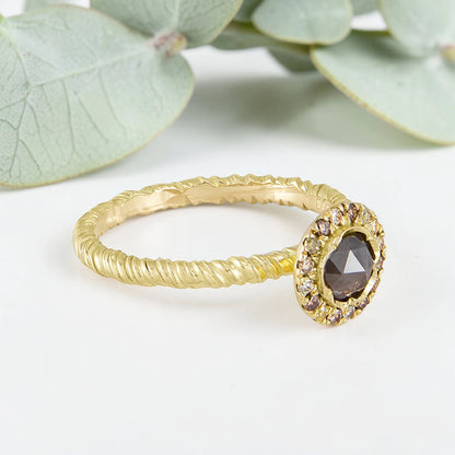 Organic Wide Band Salt and Pepper Diamond Ring featuring a 0.60 CT natural round center diamond with cognac champagne and black tones, surrounded by 27 salt and pepper diamonds in a handmade minimalist wide band design with organic aesthetic.