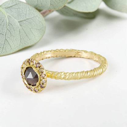 Organic Wide Band Salt and Pepper Diamond Ring featuring a 0.60 CT natural round center diamond with cognac champagne and black tones, surrounded by 27 salt and pepper diamonds in a handmade minimalist wide band design with organic aesthetic.