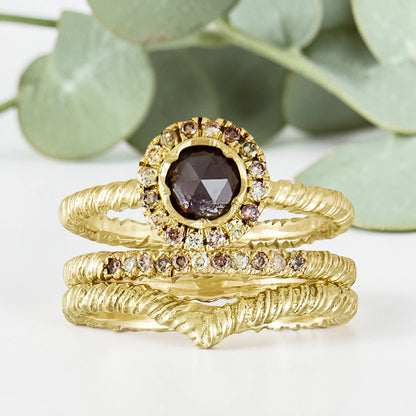 Organic Wide Band Salt and Pepper Diamond Ring featuring a 0.60 CT natural round center diamond with cognac champagne and black tones, surrounded by 27 salt and pepper diamonds in a handmade minimalist wide band design with organic aesthetic.