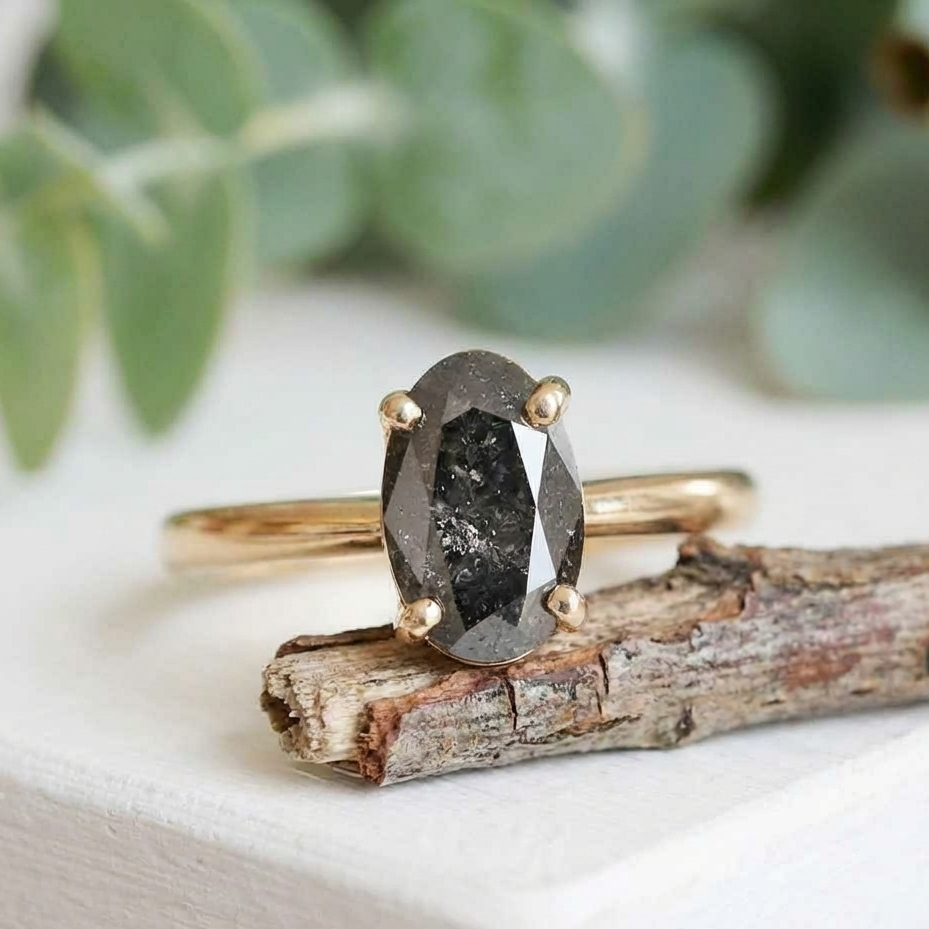 Oval Salt and Pepper Diamond Ring featuring a 2.07 CT natural salt and pepper diamond with galaxy-like internal inclusions in a minimalist design with a straight 1.90 mm band, crafted as a modern fine jewelry engagement and everyday wear ring.