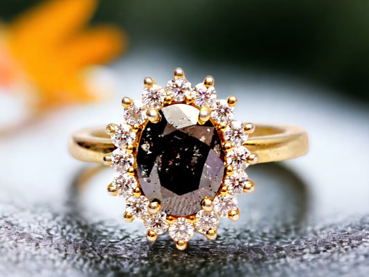 Oval Cut Salt and Pepper Diamond Ring with Diamond Halo