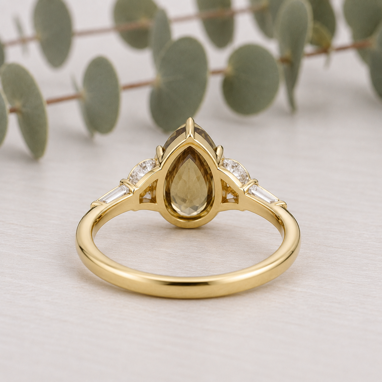 Pear Cut Fancy Color Diamond Ring featuring a 1.38 CT pear cut fancy color diamond with brown yellow tones, accented by lab-grown diamonds in a classic contemporary setting with a straight shank and slim 1.8 mm band, designed as a unique engagement ring