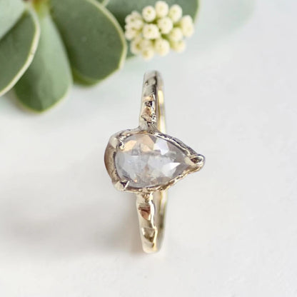 Pear Cut Salt and Pepper Diamond Ring featuring a 0.95 CT natural salt and pepper diamond with unique organic inclusions in a rustic bezel-inspired setting, crafted in a handcrafted vintage-inspired fine jewelry design with a straight 1.90 mm band for alternative bridal styling.