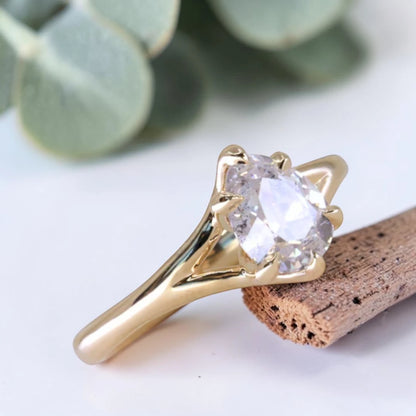 Pear cut salt and pepper diamond engagement ring featuring a 1.21 CT natural diamond with unique inclusions, set on a handcrafted split shank band in a minimalist alternative bridal jewelry design.