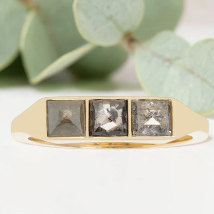 Princess cut salt and pepper diamond guardian bar engagement ring featuring a 0.95 CT gray natural diamond with unique inclusions, set on a reverse tapered handcrafted band in a modern vintage fusion design.