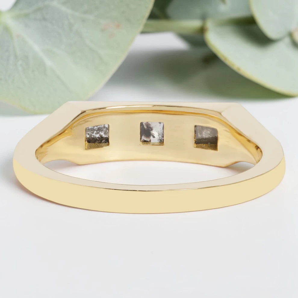 Princess cut salt and pepper diamond guardian bar engagement ring featuring a 0.95 CT gray natural diamond with unique inclusions, set on a reverse tapered handcrafted band in a modern vintage fusion design.