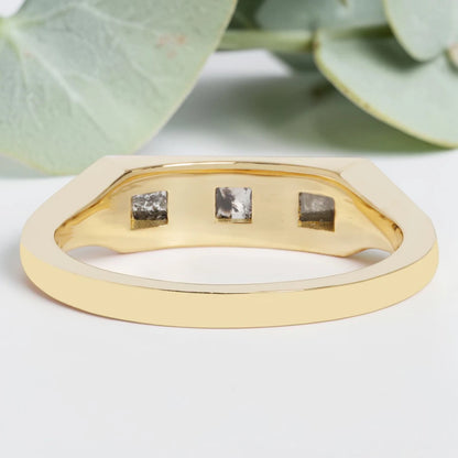 Princess cut salt and pepper diamond guardian bar engagement ring featuring a 0.95 CT gray natural diamond with unique inclusions, set on a reverse tapered handcrafted band in a modern vintage fusion design.