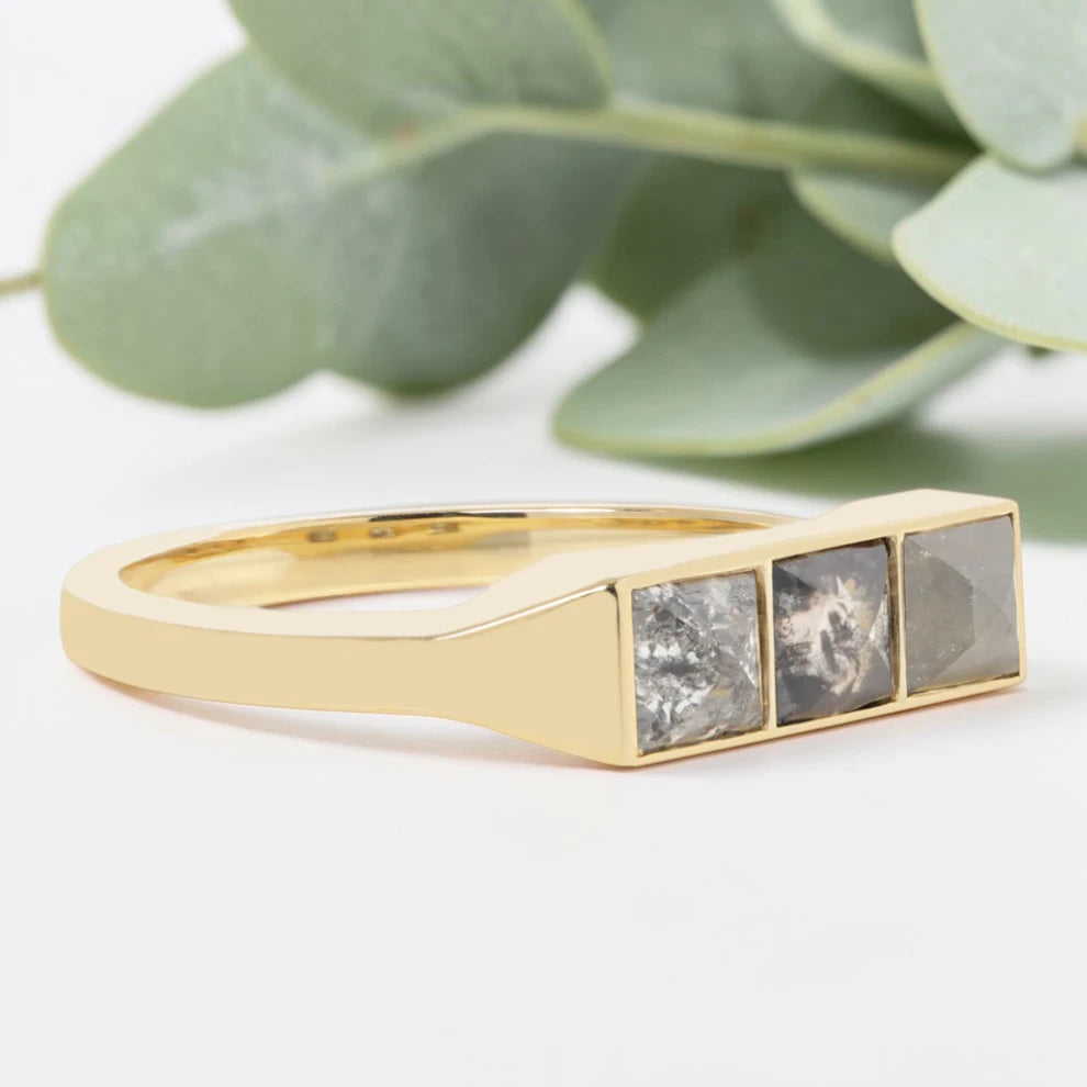 Princess cut salt and pepper diamond guardian bar engagement ring featuring a 0.95 CT gray natural diamond with unique inclusions, set on a reverse tapered handcrafted band in a modern vintage fusion design.