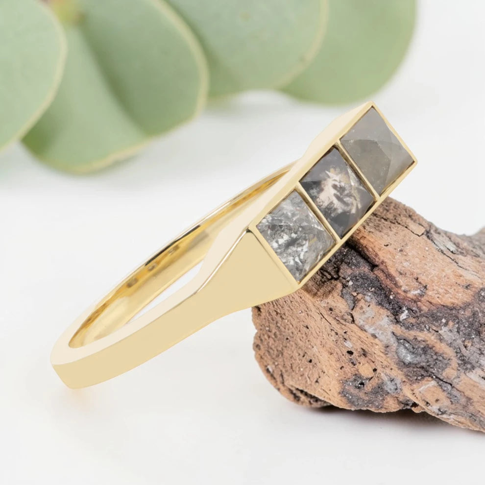 Princess cut salt and pepper diamond guardian bar engagement ring featuring a 0.95 CT gray natural diamond with unique inclusions, set on a reverse tapered handcrafted band in a modern vintage fusion design.