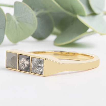 Princess cut salt and pepper diamond guardian bar engagement ring featuring a 0.95 CT gray natural diamond with unique inclusions, set on a reverse tapered handcrafted band in a modern vintage fusion design.