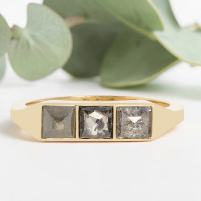 Princess cut salt and pepper diamond guardian bar engagement ring featuring a 0.95 CT gray natural diamond with unique inclusions, set on a reverse tapered handcrafted band in a modern vintage fusion design.