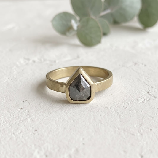 Shield Cut Gray Natural Salt and Pepper Diamond Ring