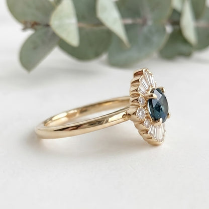 Greenish Blue Sapphire Engagement Ring with Baguette Diamonds