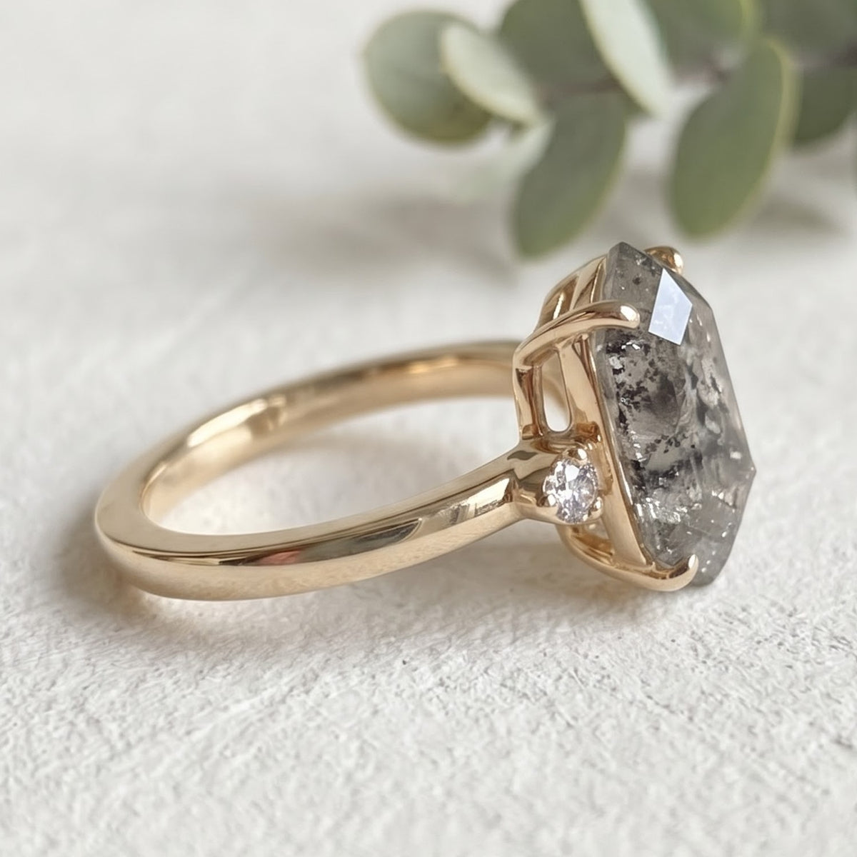 Elongated Hexagon Salt and Pepper Diamond Promise Ring