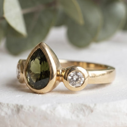 Pear Green Sapphire Bezel Set Gold Bridal Ring